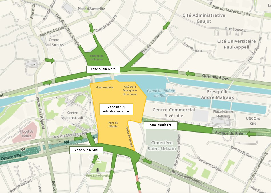 Map with the closed zones for the fireworks. This zone extends over the entire Parc de l'Etoile.